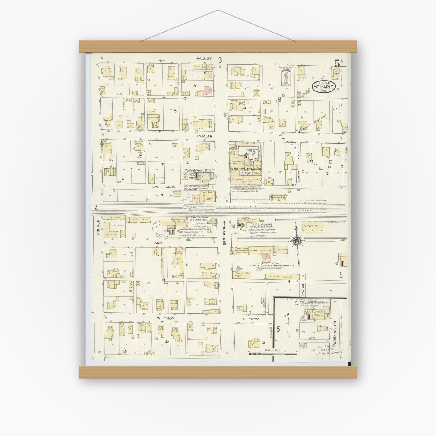 Old map wall art mockup — magnetic wood frame on white wall — Sanborn Fire Insurance Map from Saint Paris, Champaign County, Ohio (1914), Sheet #0005