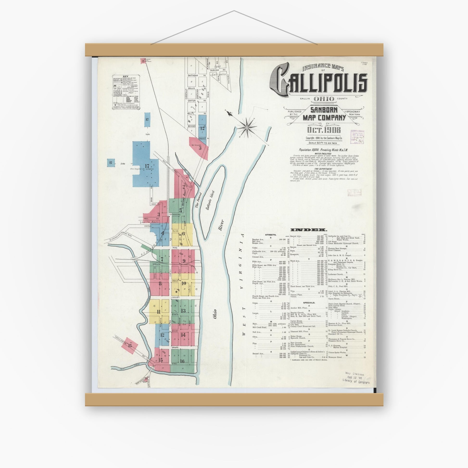 Old map wall art mockup — magnetic wood frame on white wall — Sanborn Fire Insurance Map from Gallipolis, Gallia County, Ohio (1908), Sheet #0001