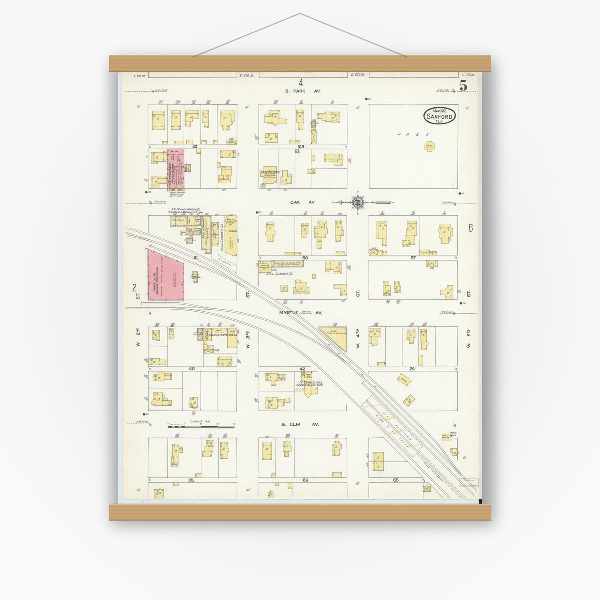 Old map wall art mockup — magnetic wood frame on white wall — Sanborn Fire Insurance Map from Sanford, Seminole County, Florida (1912), Sheet #0005