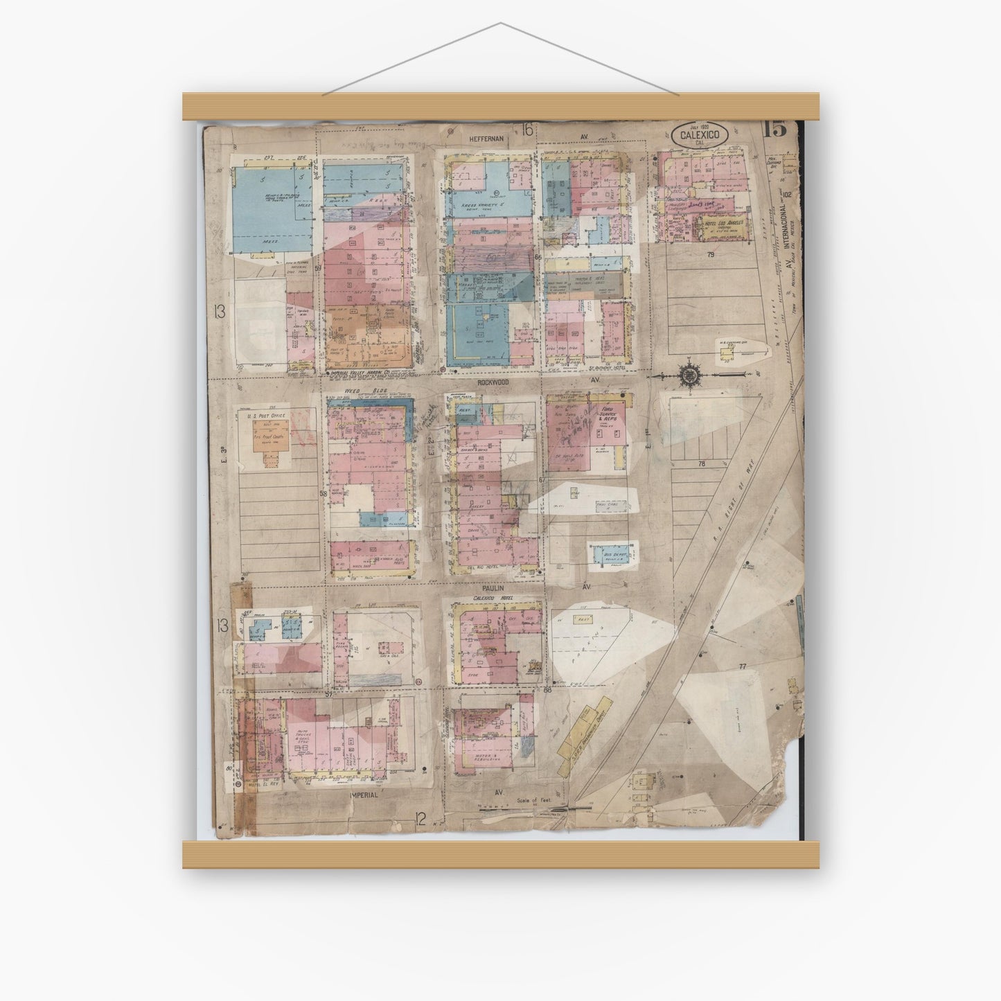 Old map wall art mockup — magnetic wood frame on white wall — Sanborn Fire Insurance Map from Calexico, Imperial County, California (1956), Sheet #0015