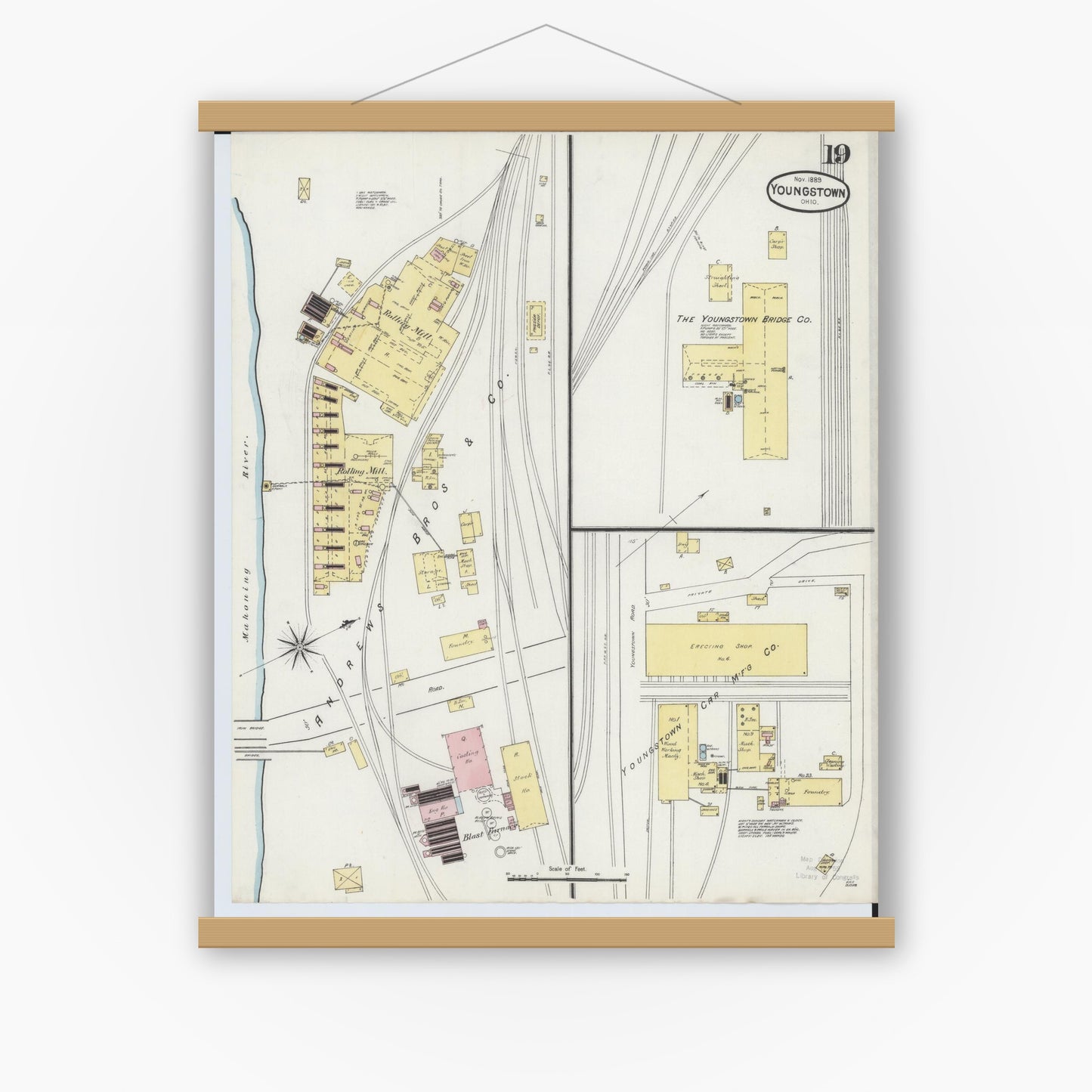 Old map wall art mockup — magnetic wood frame on white wall — Sanborn Fire Insurance Map from Youngstown, Mahoning County, Ohio (1889), Sheet #0019