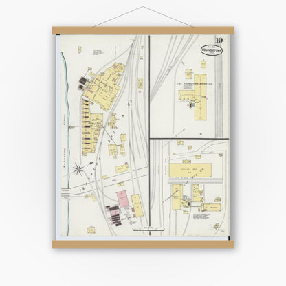 Old map wall art mockup — magnetic wood frame on white wall — Sanborn Fire Insurance Map from Youngstown, Mahoning County, Ohio (1889), Sheet #0019