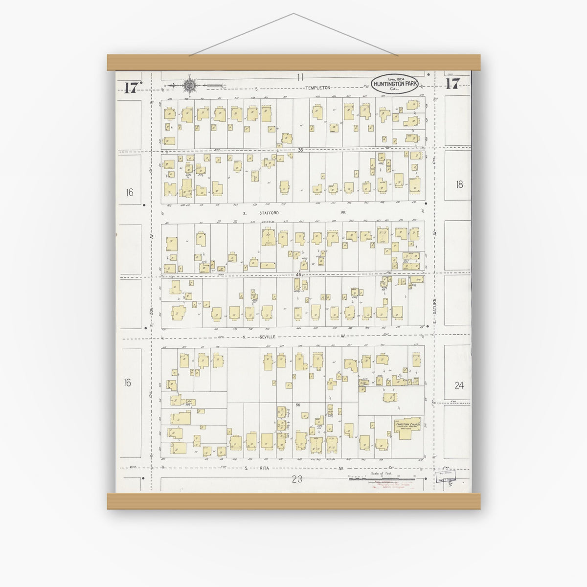 Old map wall art mockup — magnetic wood frame on white wall — Sanborn Fire Insurance Map from Huntington Park, Los Angeles County, California (1924), Sheet #0017