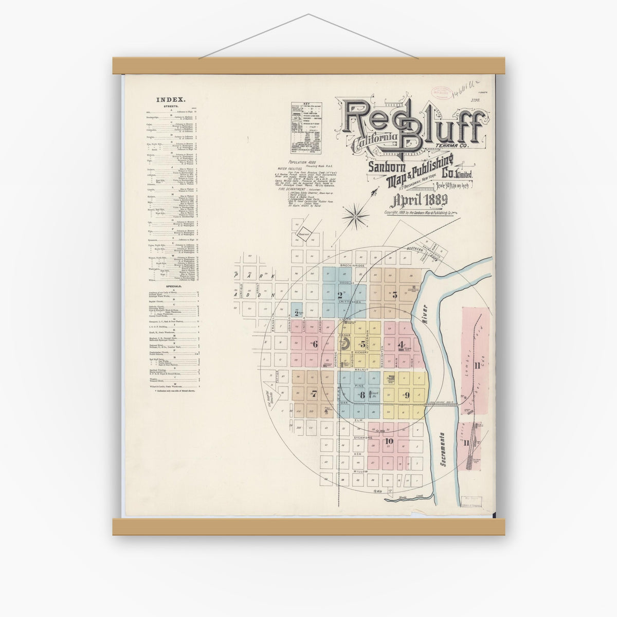Old map wall art mockup — magnetic wood frame on white wall — Sanborn Fire Insurance Map from Red Bluff, Tehama County, California (1889) - Complete Map Set
