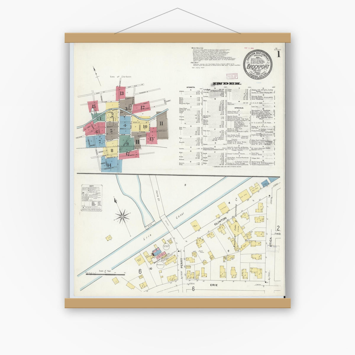 Old map wall art mockup — magnetic wood frame on white wall — Sanborn Fire Insurance Map from Brockport, Monroe County, New York (1909) - Complete Map Set