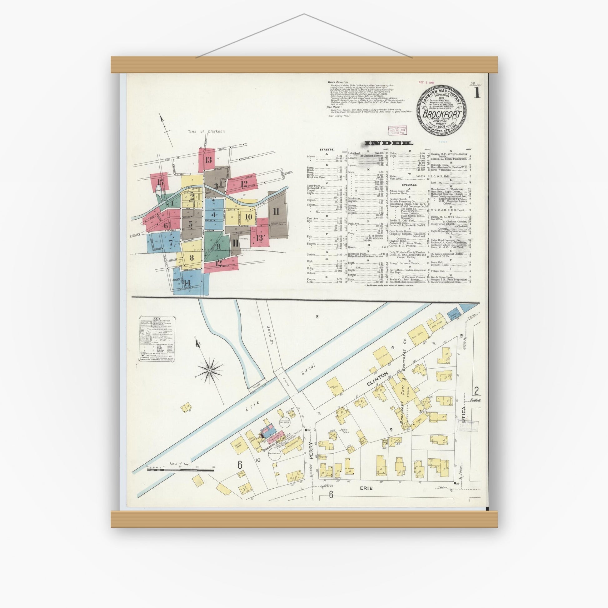 Old map wall art mockup — magnetic wood frame on white wall — Sanborn Fire Insurance Map from Brockport, Monroe County, New York (1909) - Complete Map Set