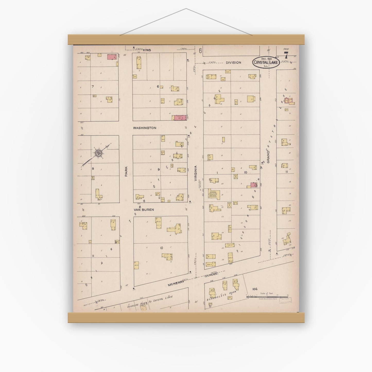 Old map wall art mockup — magnetic wood frame on white wall — Sanborn Fire Insurance Map from Crystal Lake, McHenry County, Illinois (1921), Sheet #0007