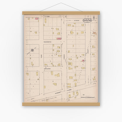 Old map wall art mockup — magnetic wood frame on white wall — Sanborn Fire Insurance Map from Crystal Lake, McHenry County, Illinois (1921), Sheet #0007