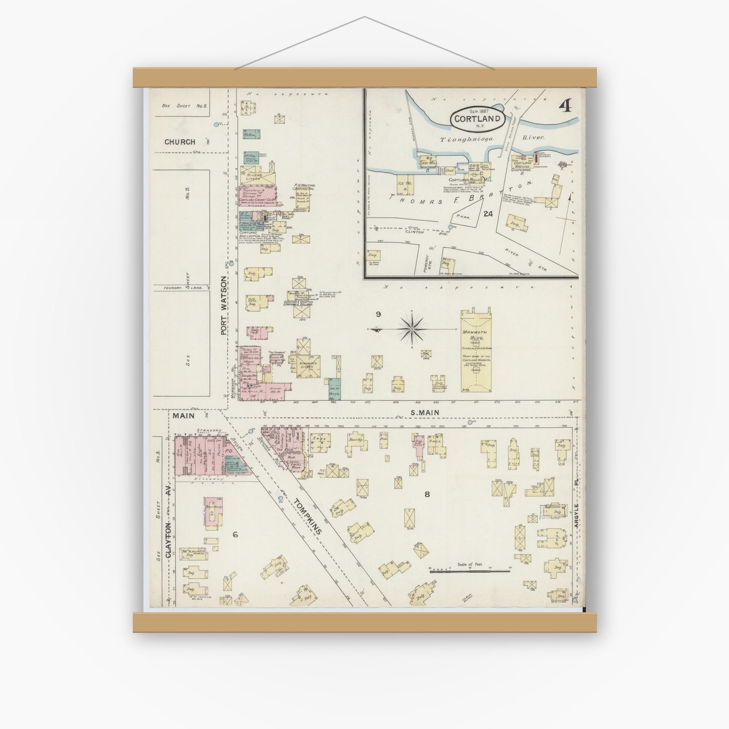 Old map wall art mockup — magnetic wood frame on white wall — Sanborn Fire Insurance Map from Cortland, Cortland County, New York (1887), Sheet #0004