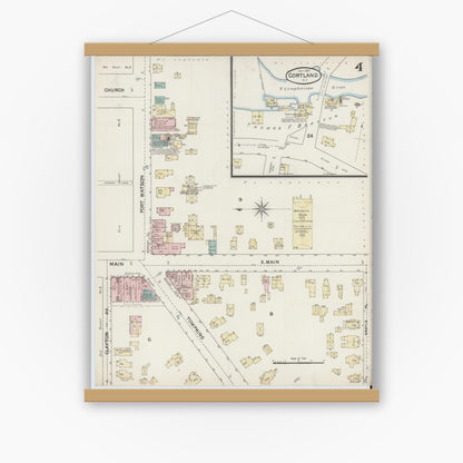 Old map wall art mockup — magnetic wood frame on white wall — Sanborn Fire Insurance Map from Cortland, Cortland County, New York (1887), Sheet #0004