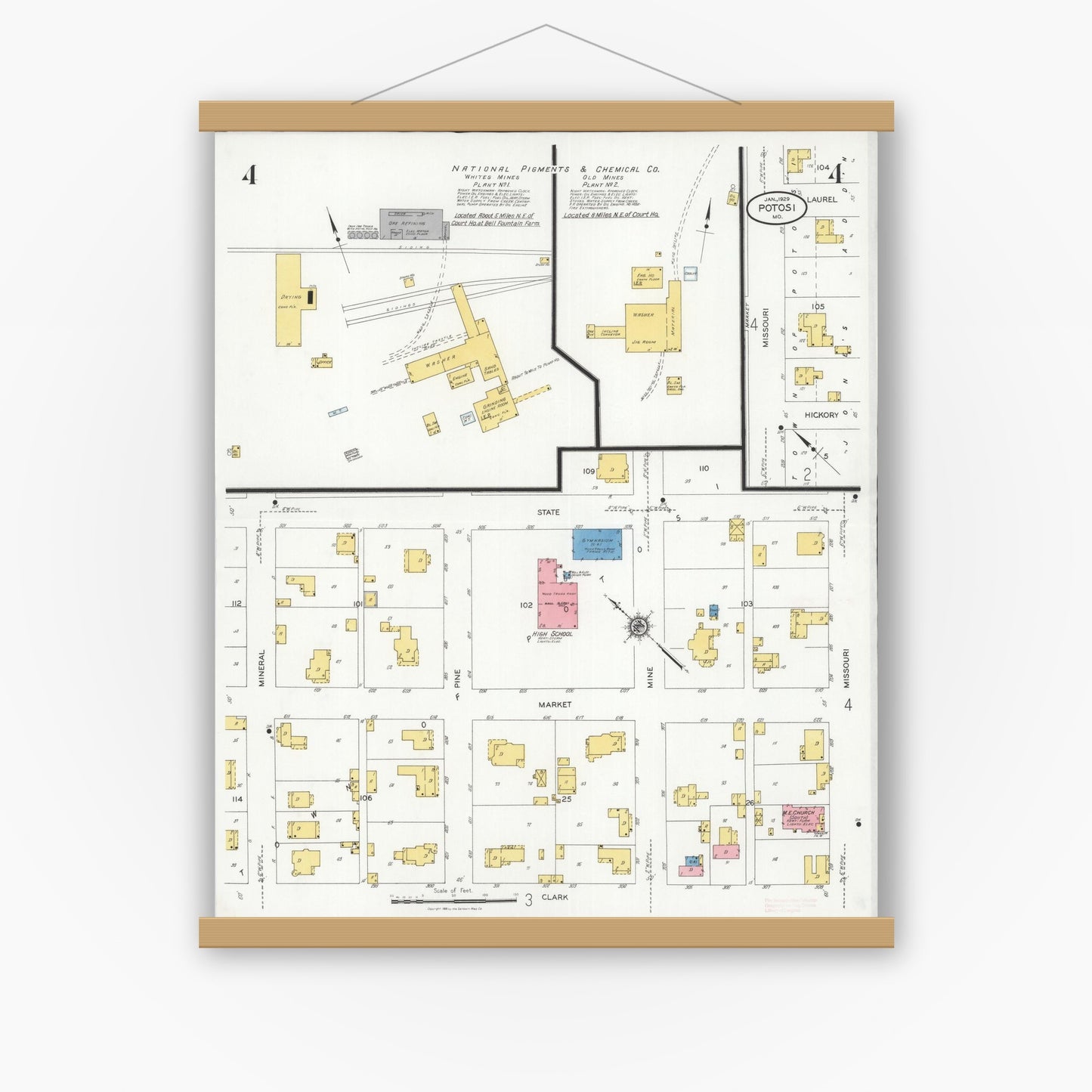 Old map wall art mockup — magnetic wood frame on white wall — Sanborn Fire Insurance Map from Potosi, Washington County, Missouri (1929), Sheet #0004