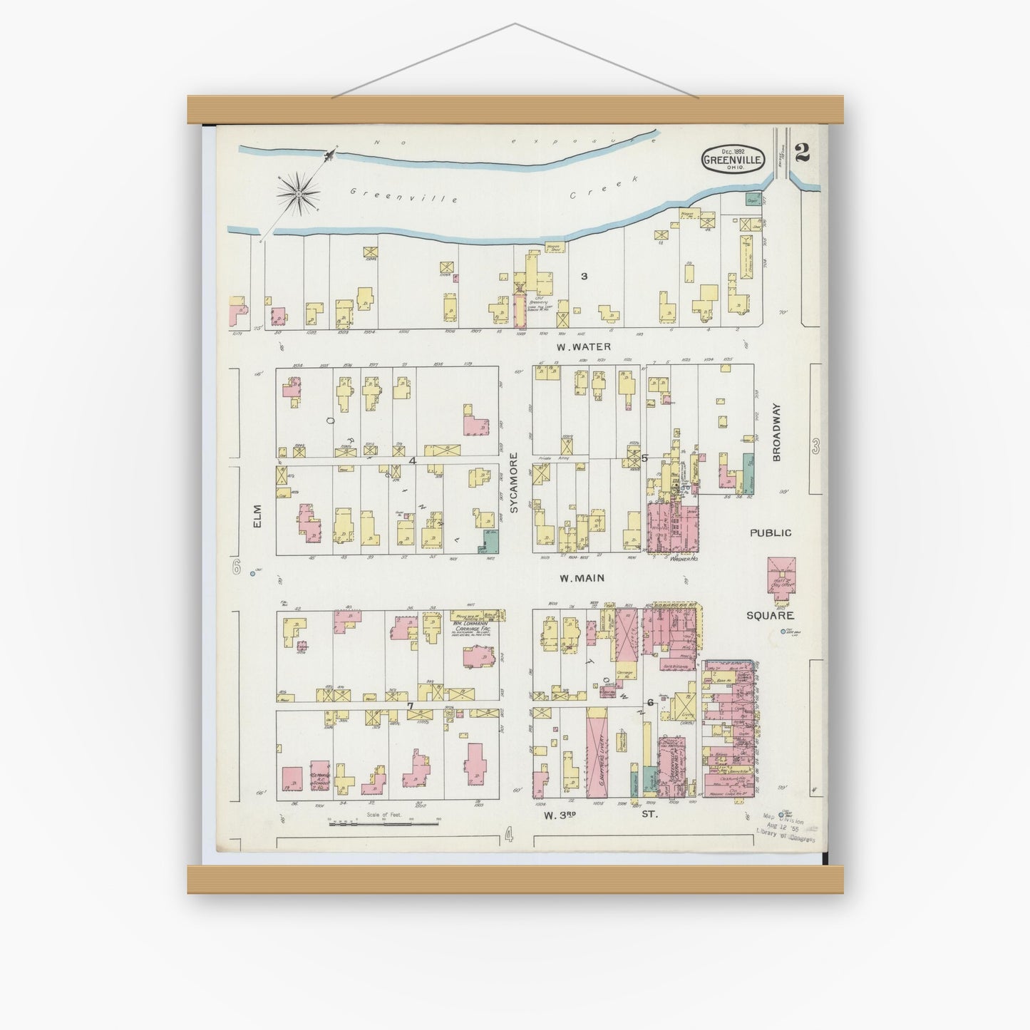 Old map wall art mockup — magnetic wood frame on white wall — Sanborn Fire Insurance Map from Greenville, Darke County, Ohio (1892), Sheet #0002