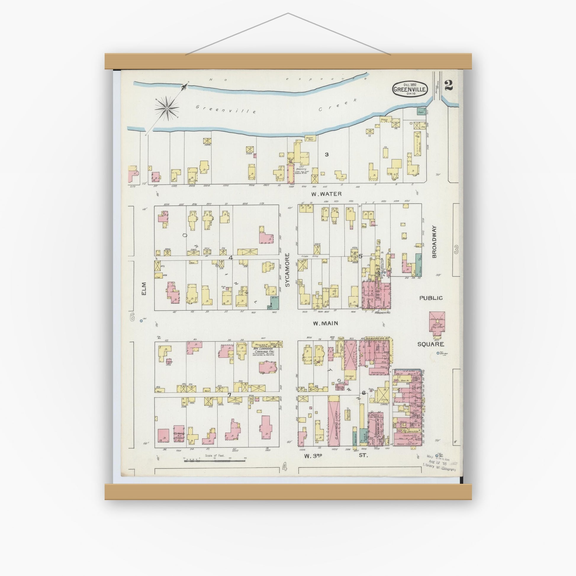 Old map wall art mockup — magnetic wood frame on white wall — Sanborn Fire Insurance Map from Greenville, Darke County, Ohio (1892), Sheet #0002