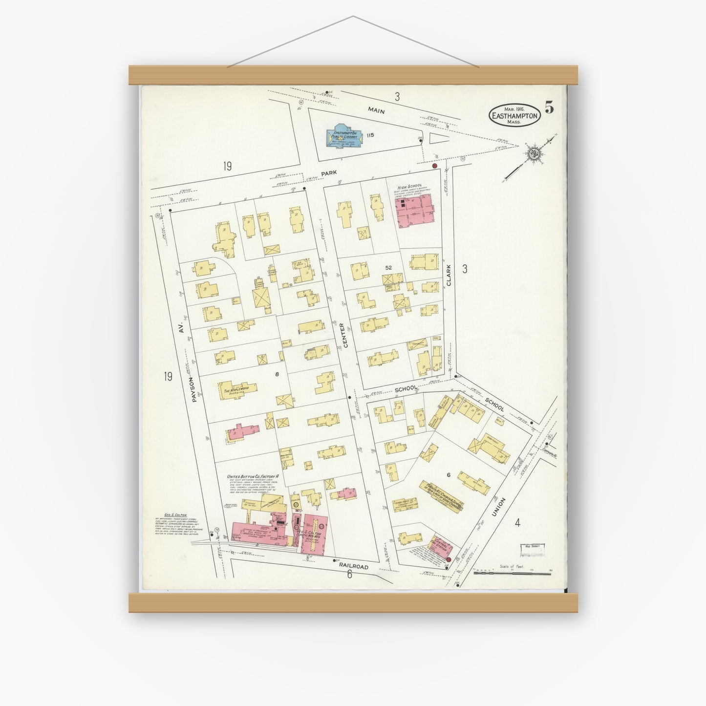 Old map wall art mockup — magnetic wood frame on white wall — Sanborn Fire Insurance Map from East Hampton, Hampshire County, Massachusetts (1916), Sheet #0005