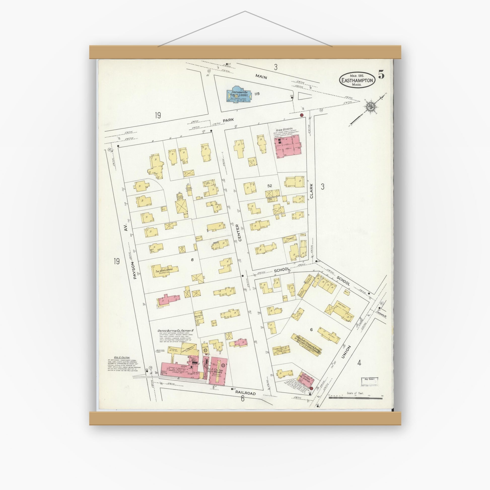 Old map wall art mockup — magnetic wood frame on white wall — Sanborn Fire Insurance Map from East Hampton, Hampshire County, Massachusetts (1916), Sheet #0005