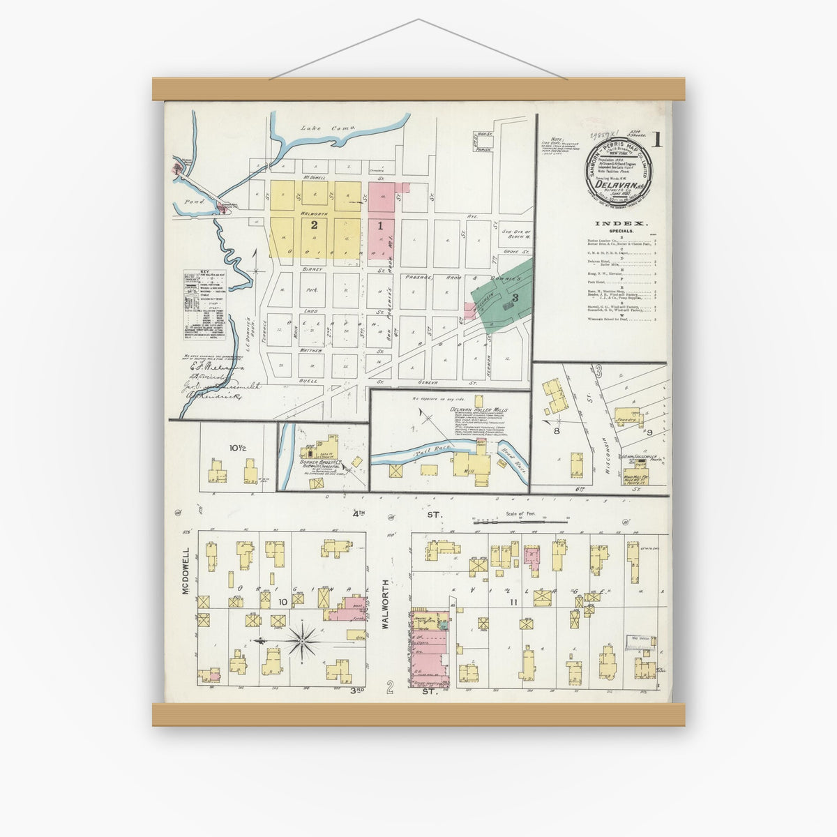 Old map wall art mockup — magnetic wood frame on white wall — Sanborn Fire Insurance Map from Delavan, Walworth County, Wisconsin (1892) - Complete Map Set