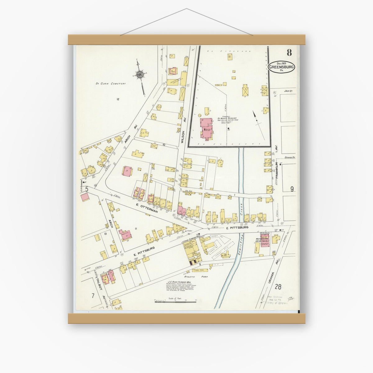 Old map wall art mockup — magnetic wood frame on white wall — Sanborn Fire Insurance Map from Greensburg, Westmoreland County, Pennsylvania (1909), Sheet #0008