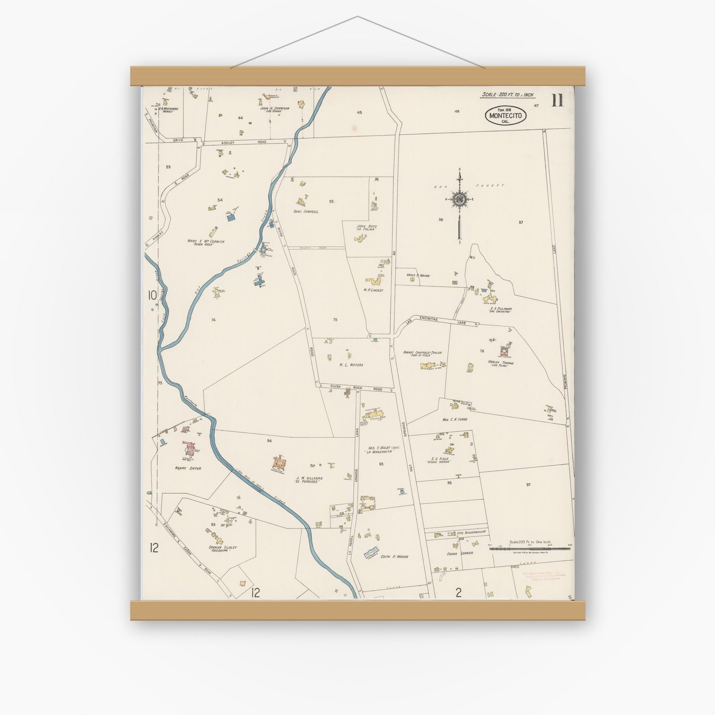 Old map wall art mockup — magnetic wood frame on white wall — Sanborn Fire Insurance Map from Montecito, Santa Barbara County, California (1918), Sheet #0011