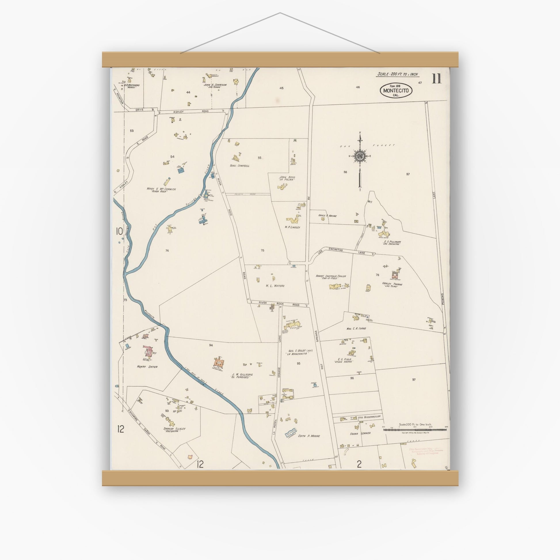 Old map wall art mockup — magnetic wood frame on white wall — Sanborn Fire Insurance Map from Montecito, Santa Barbara County, California (1918), Sheet #0011