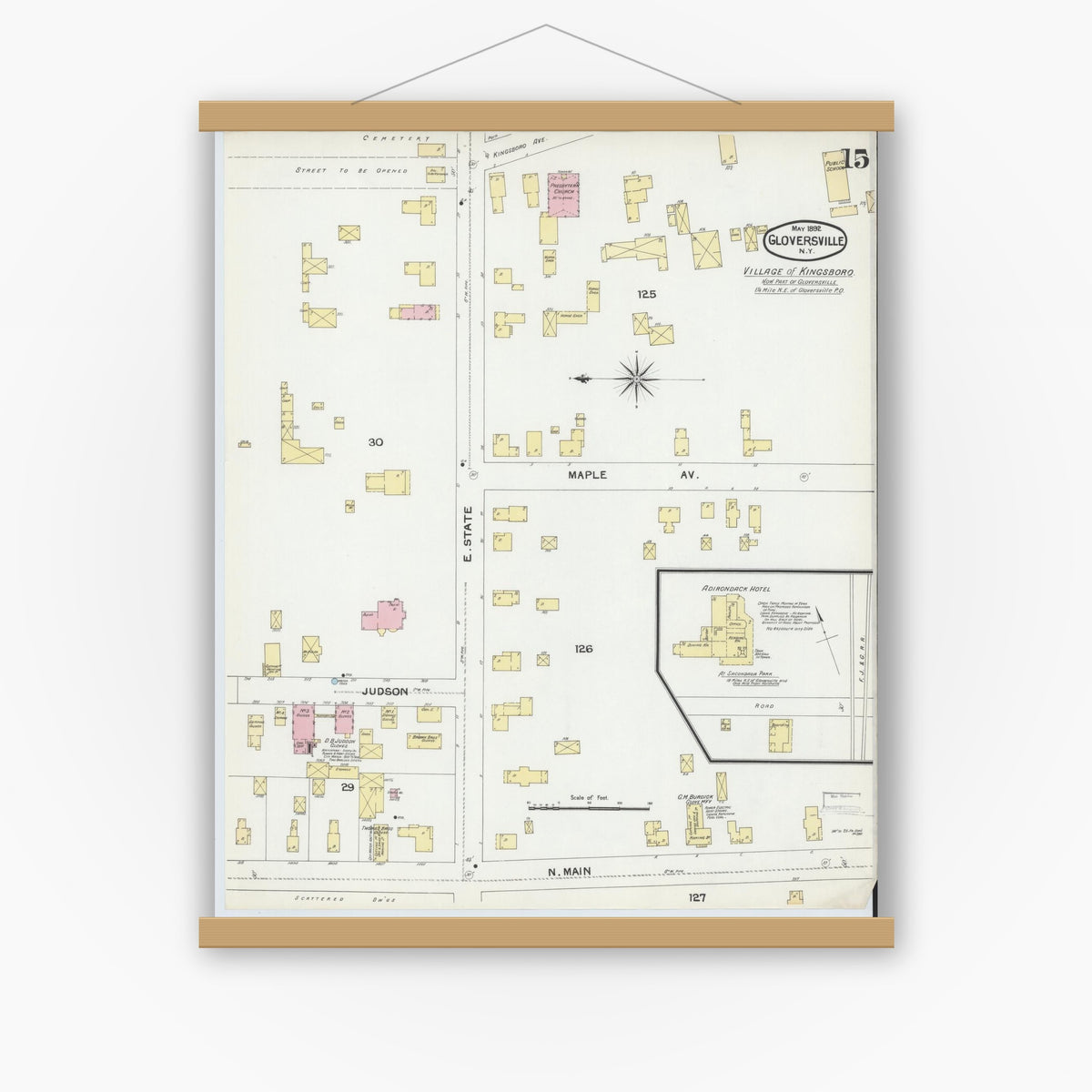 Old map wall art mockup — magnetic wood frame on white wall — Sanborn Fire Insurance Map from Gloversville, Fulton County, New York (1892), Sheet #0015