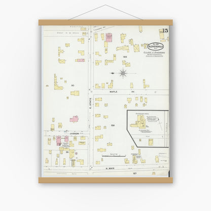 Old map wall art mockup — magnetic wood frame on white wall — Sanborn Fire Insurance Map from Gloversville, Fulton County, New York (1892), Sheet #0015