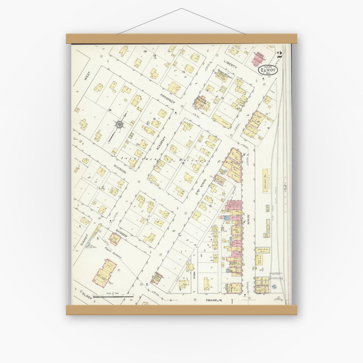 Old map wall art mockup — magnetic wood frame on white wall — Sanborn Fire Insurance Map from Elroy, Juneau County, Wisconsin (1914), Sheet #0002