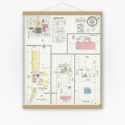 Old map wall art mockup — magnetic wood frame on white wall — Sanborn Fire Insurance Map from Cuero, De Witt County, Texas (1902), Sheet #0001