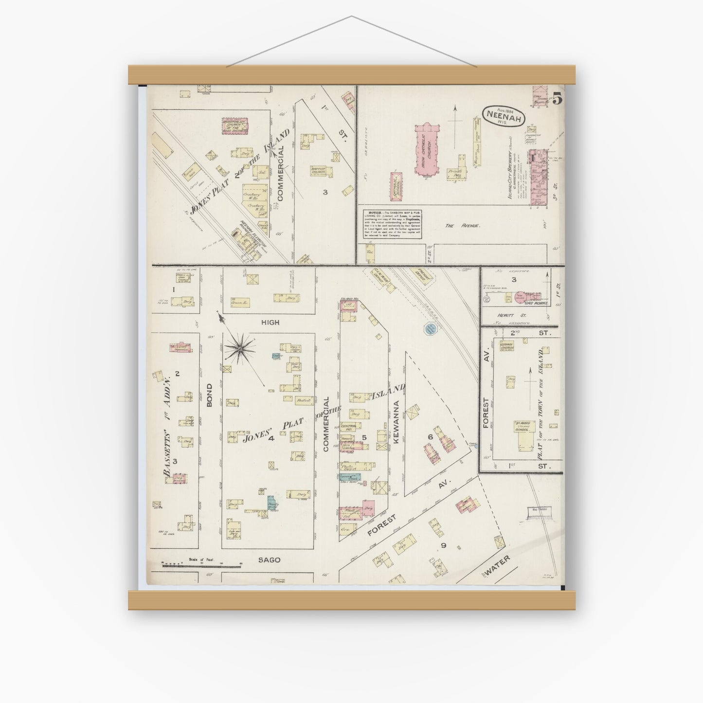 Old map wall art mockup — magnetic wood frame on white wall — Sanborn Fire Insurance Map from Neenah, Winnebago County, Wisconsin (1884), Sheet #0005