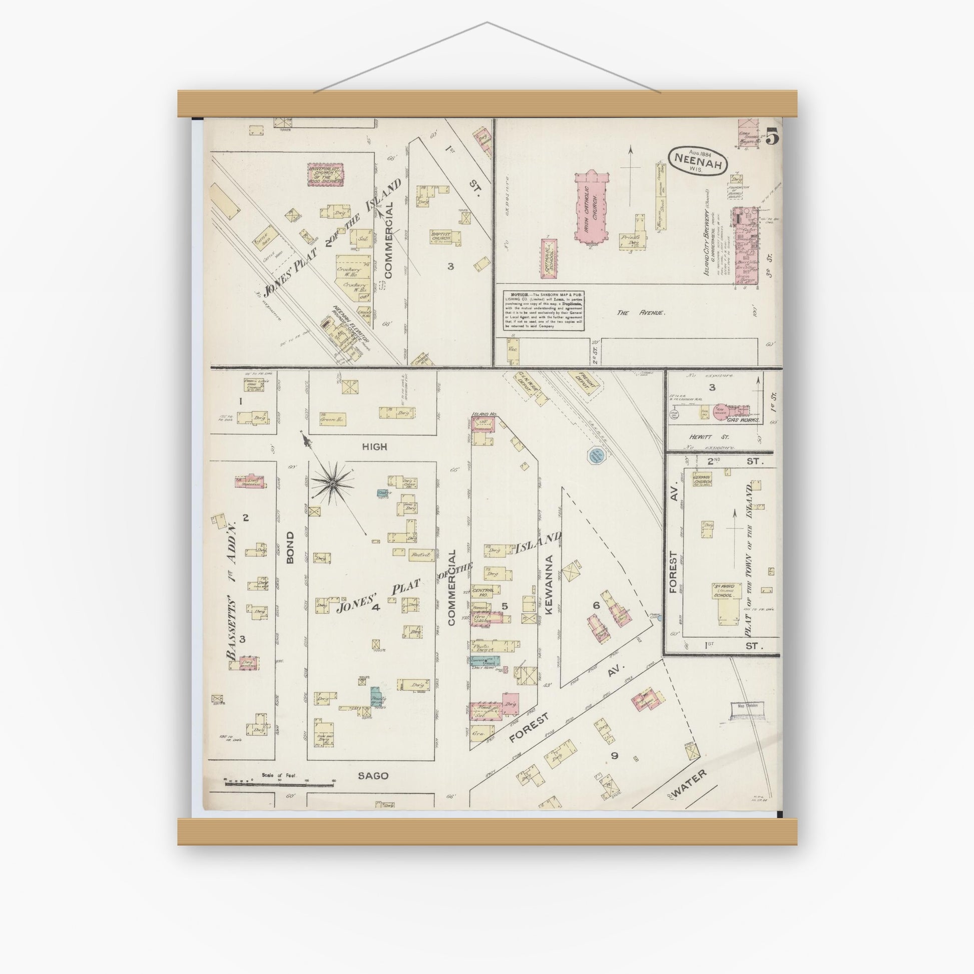 Old map wall art mockup — magnetic wood frame on white wall — Sanborn Fire Insurance Map from Neenah, Winnebago County, Wisconsin (1884), Sheet #0005