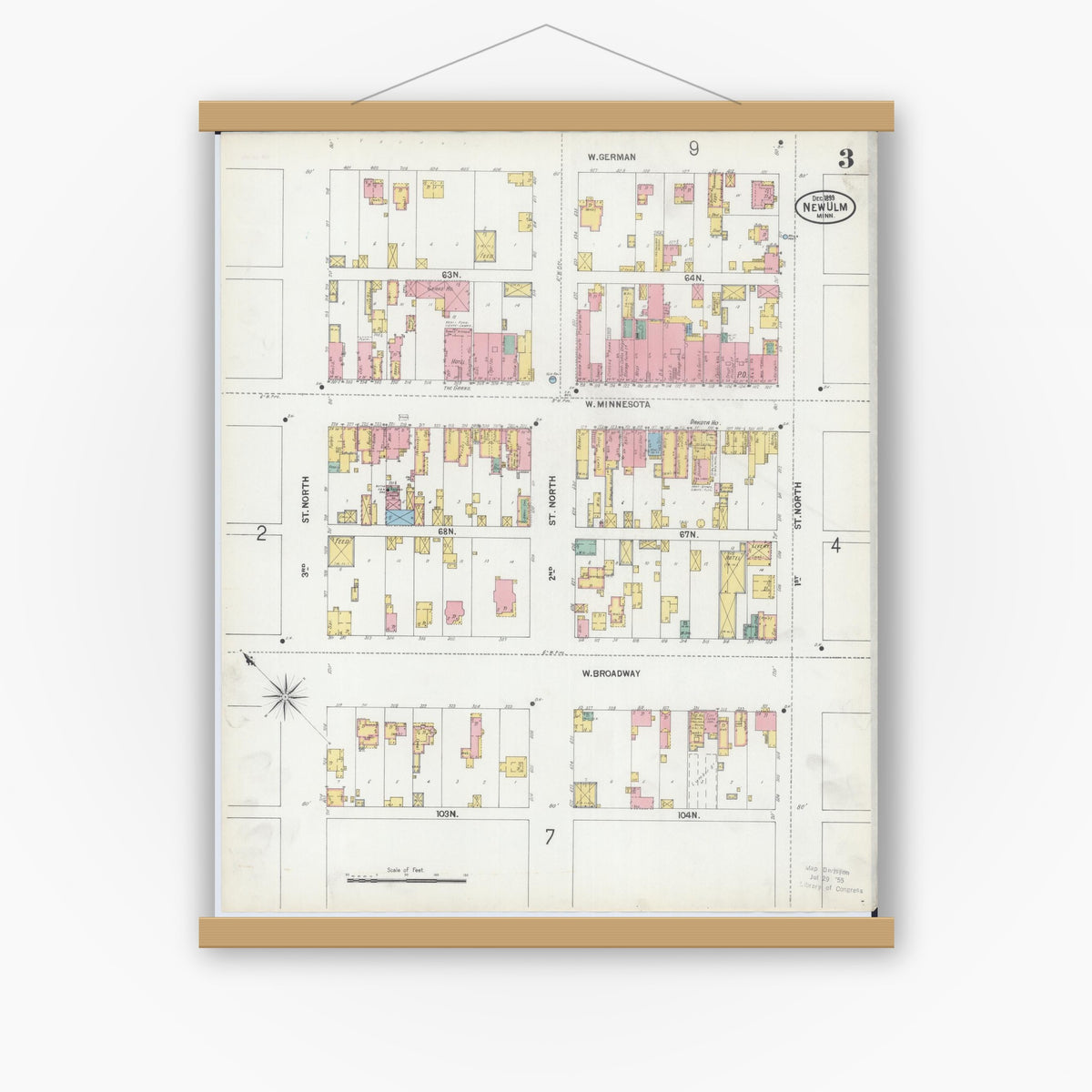 Old map wall art mockup — magnetic wood frame on white wall — Sanborn Fire Insurance Map from New Ulm, Brown County, Minnesota (1899), Sheet #0003