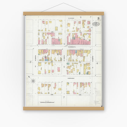 Old map wall art mockup — magnetic wood frame on white wall — Sanborn Fire Insurance Map from New Ulm, Brown County, Minnesota (1899), Sheet #0003