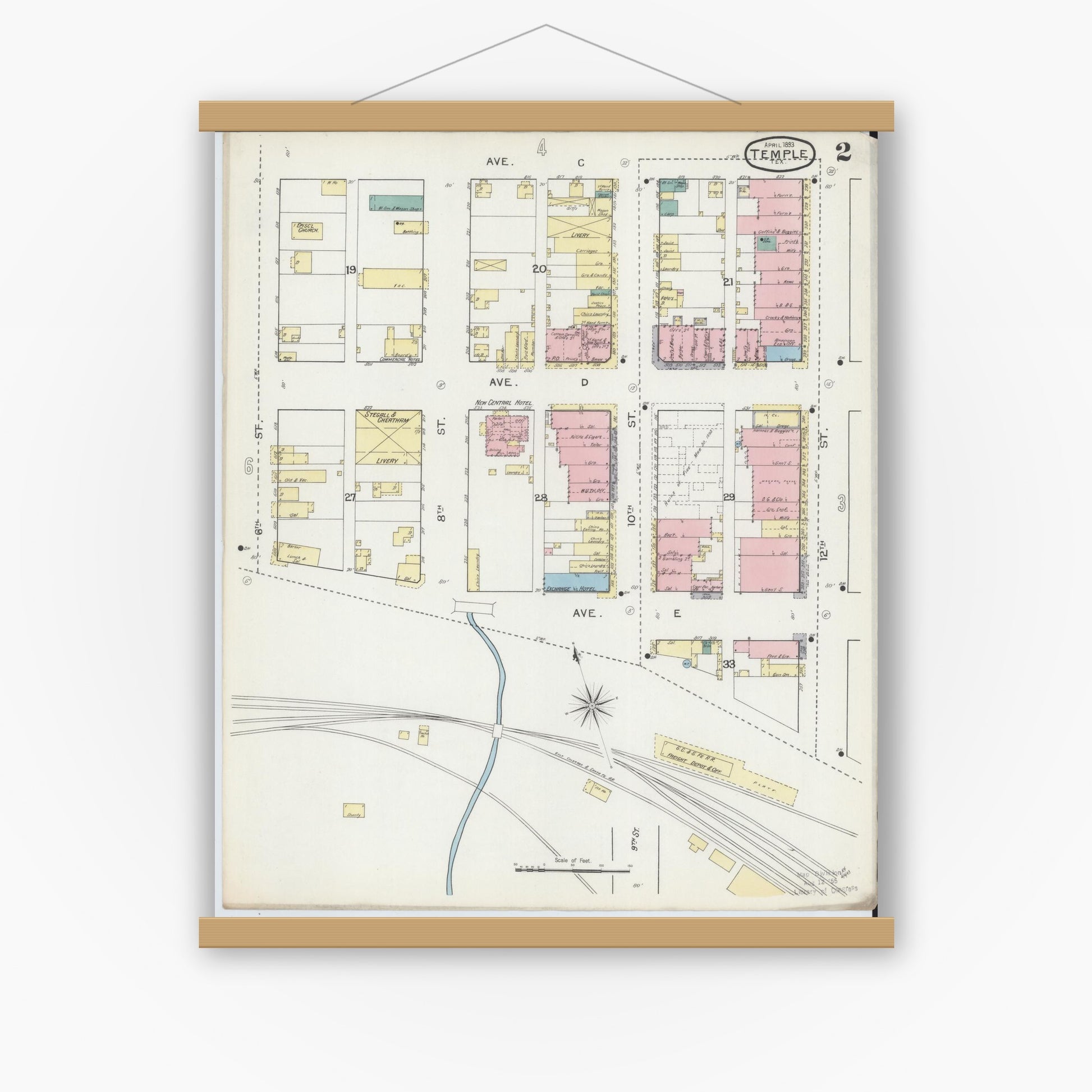 Old map wall art mockup — magnetic wood frame on white wall — Sanborn Fire Insurance Map from Temple, Bell County, Texas (1893), Sheet #0002