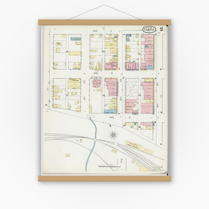 Old map wall art mockup — magnetic wood frame on white wall — Sanborn Fire Insurance Map from Temple, Bell County, Texas (1893), Sheet #0002