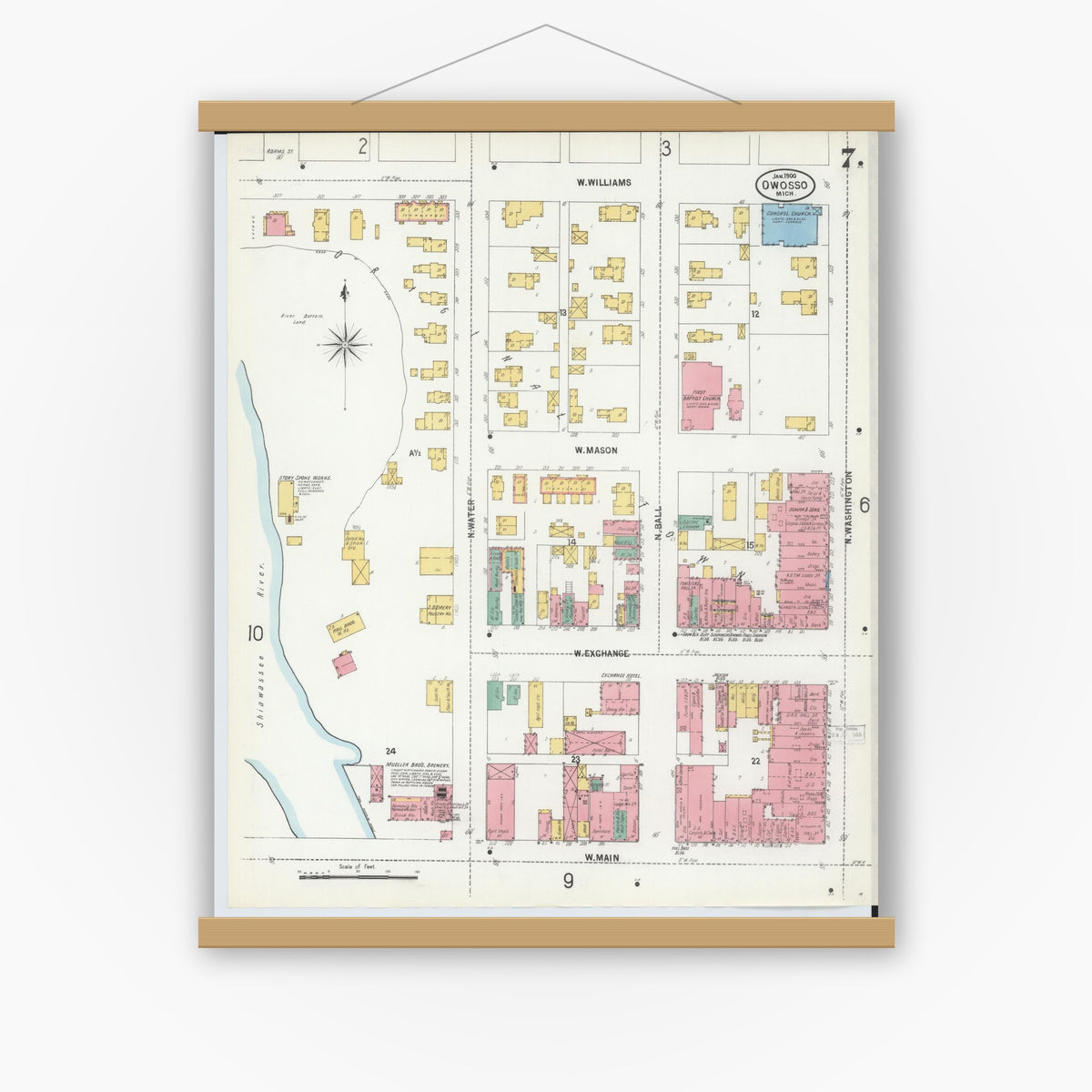 Old map wall art mockup — magnetic wood frame on white wall — Sanborn Fire Insurance Map from Owosso, Shiawassee County, Michigan (1900), Sheet #0007