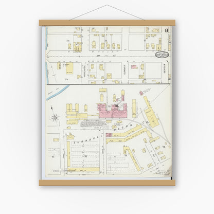 Old map wall art mockup — magnetic wood frame on white wall — Sanborn Fire Insurance Map from Defiance, Defiance County, Ohio (1893), Sheet #0009