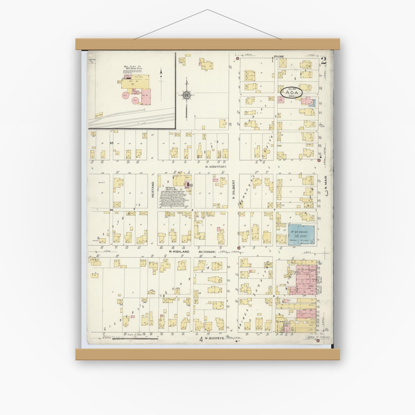 Old map wall art mockup — magnetic wood frame on white wall — Sanborn Fire Insurance Map from Ada, Hardin County, Ohio (1910), Sheet #0002