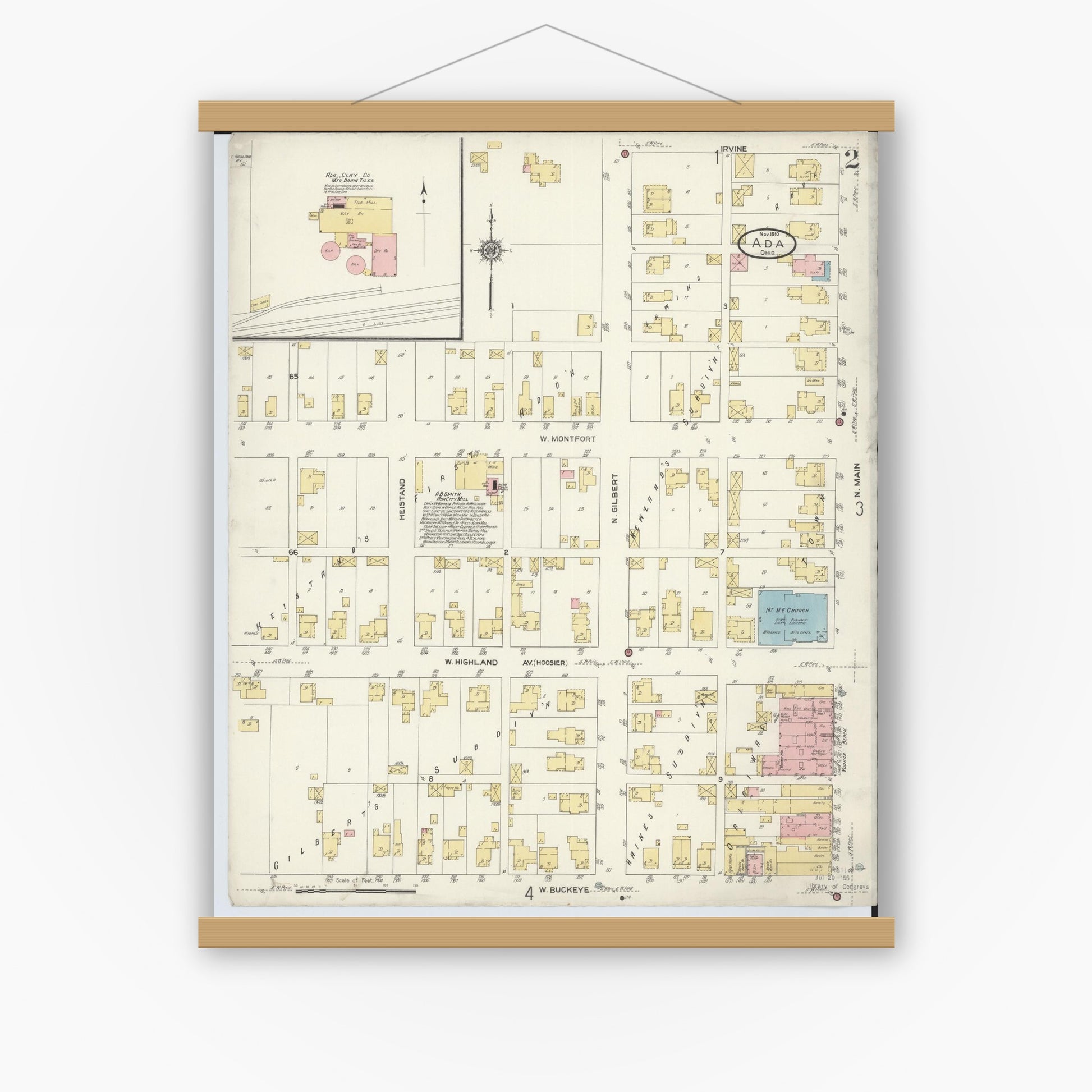 Old map wall art mockup — magnetic wood frame on white wall — Sanborn Fire Insurance Map from Ada, Hardin County, Ohio (1910), Sheet #0002