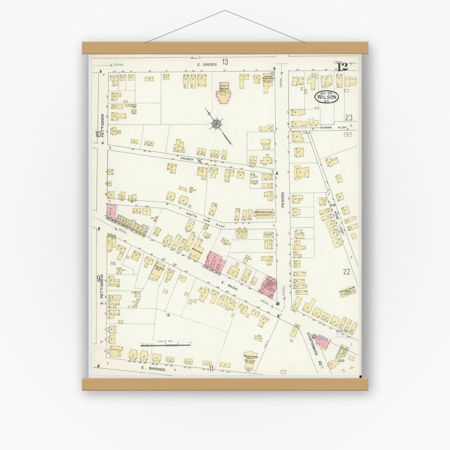 Old map wall art mockup — magnetic wood frame on white wall — Sanborn Fire Insurance Map from Wilson, Wilson County, North Carolina (1913), Sheet #0012