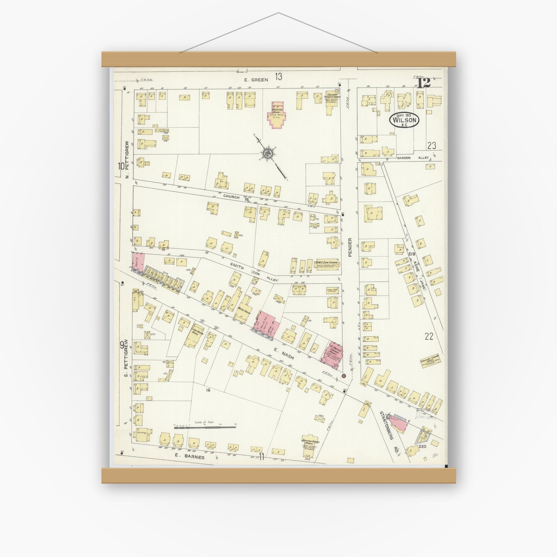 Old map wall art mockup — magnetic wood frame on white wall — Sanborn Fire Insurance Map from Wilson, Wilson County, North Carolina (1913), Sheet #0012