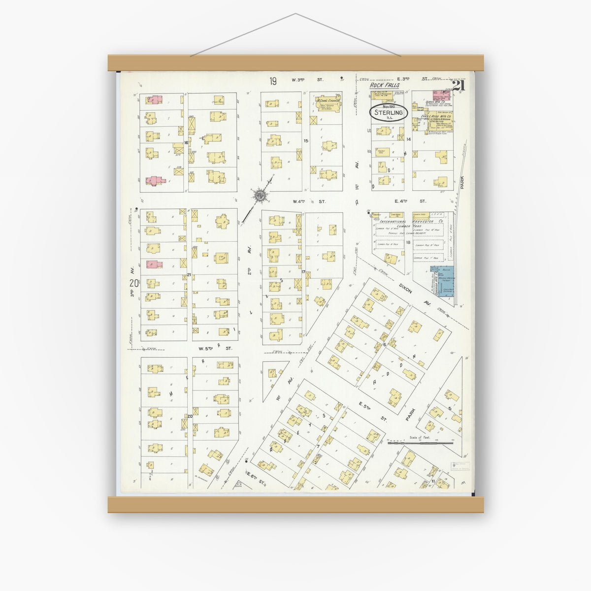 Old map wall art mockup — magnetic wood frame on white wall — Sanborn Fire Insurance Map from Sterling, Whiteside County, Illinois (1910), Sheet #0021