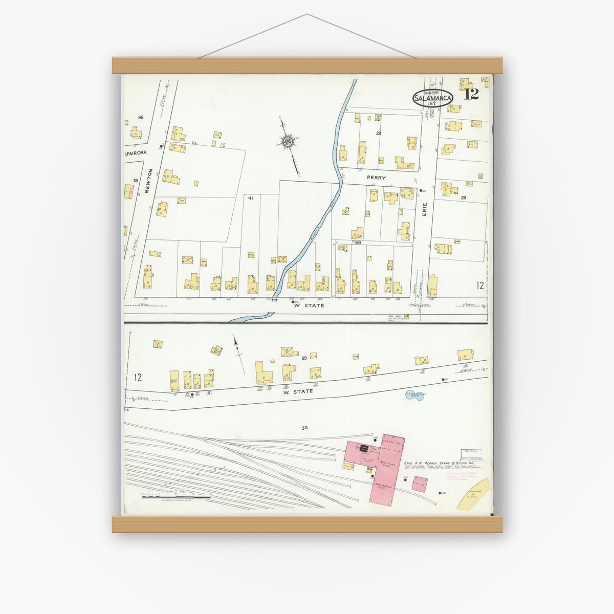 Old map wall art mockup — magnetic wood frame on white wall — Sanborn Fire Insurance Map from Salamanca, Cattaraugus County, New York (1918), Sheet #0012