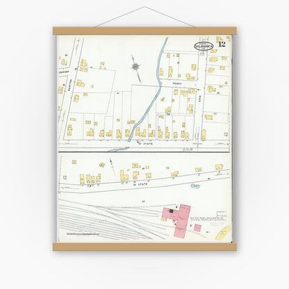 Old map wall art mockup — magnetic wood frame on white wall — Sanborn Fire Insurance Map from Salamanca, Cattaraugus County, New York (1918), Sheet #0012