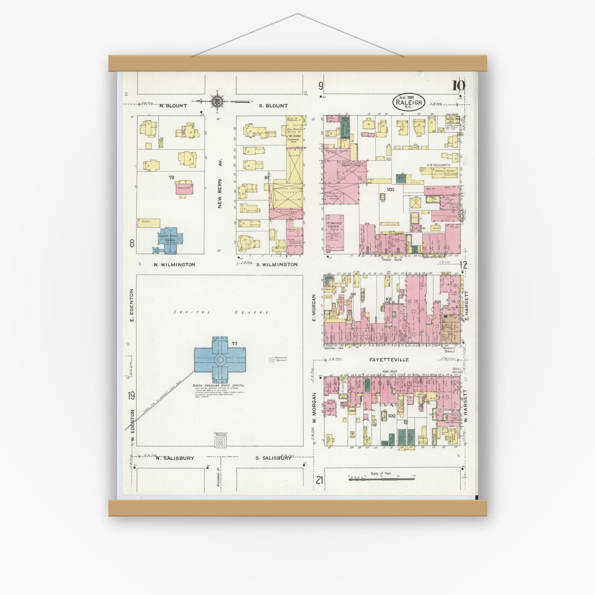 Old map wall art mockup — magnetic wood frame on white wall — Sanborn Fire Insurance Map from Raleigh, Wake County, North Carolina (1909), Sheet #0010