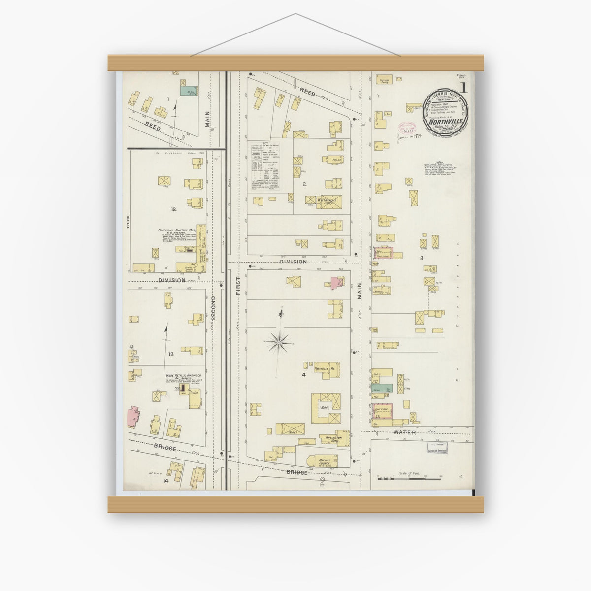 Old map wall art mockup — magnetic wood frame on white wall — Sanborn Fire Insurance Map from Northville, Fulton County, New York (1894) - Complete Map Set