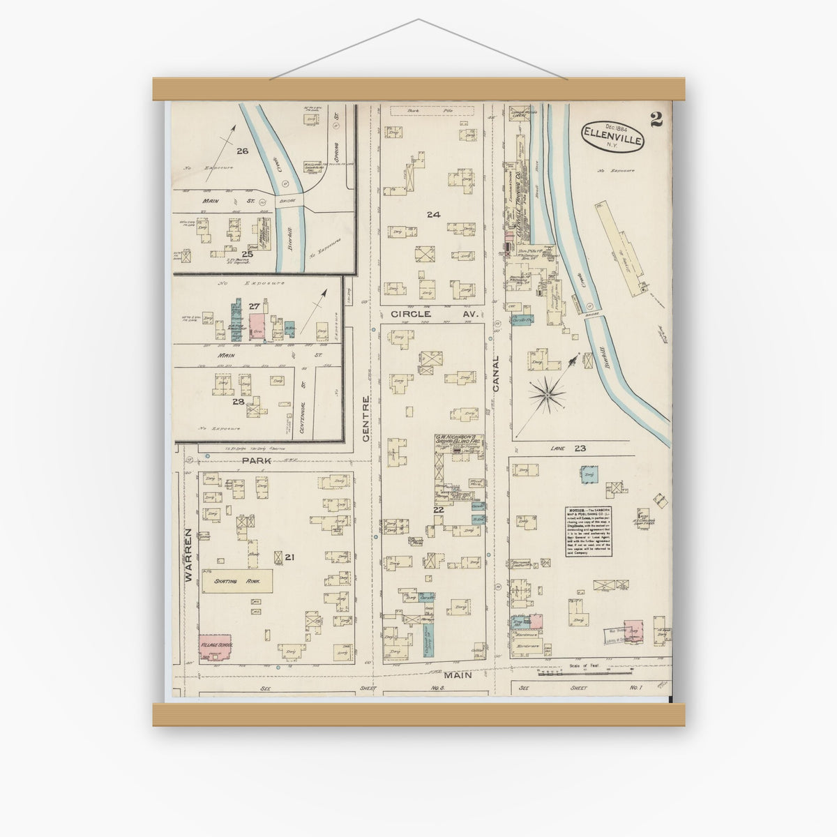 Old map wall art mockup — magnetic wood frame on white wall — Sanborn Fire Insurance Map from Ellenville, Ulster County, New York (1884), Sheet #0002