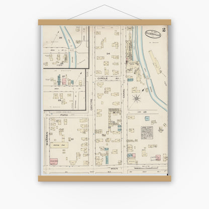 Old map wall art mockup — magnetic wood frame on white wall — Sanborn Fire Insurance Map from Ellenville, Ulster County, New York (1884), Sheet #0002