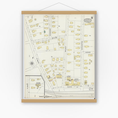 Old map wall art mockup — magnetic wood frame on white wall — Sanborn Fire Insurance Map from Natick, Middlesex County, Massachusetts (1894), Sheet #0003