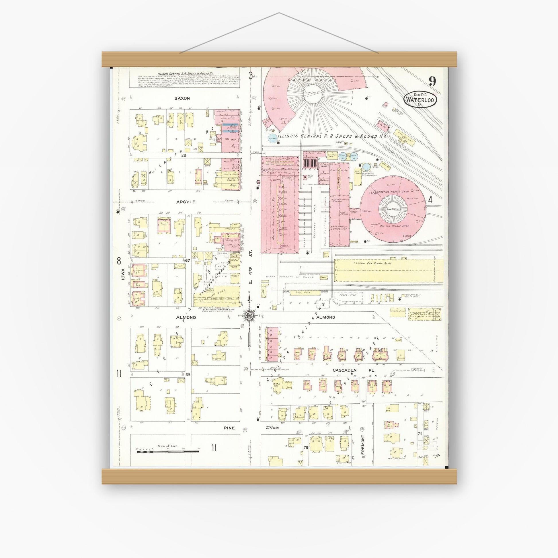 Old map wall art mockup — magnetic wood frame on white wall — Sanborn Fire Insurance Map from Waterloo, Black Hawk County, Iowa (1910), Sheet #0009