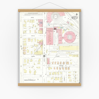 Old map wall art mockup — magnetic wood frame on white wall — Sanborn Fire Insurance Map from Waterloo, Black Hawk County, Iowa (1910), Sheet #0009