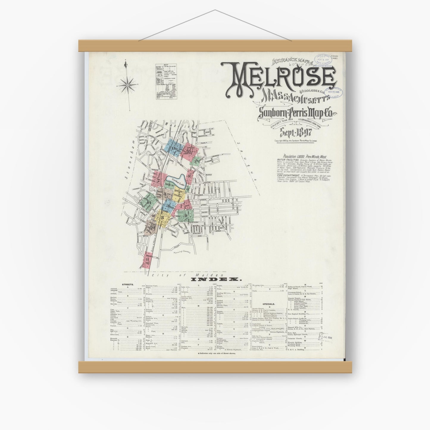 Old map wall art mockup — magnetic wood frame on white wall — Sanborn Fire Insurance Map from Melrose, Middlesex County, Massachusetts (1897) - Complete Map Set